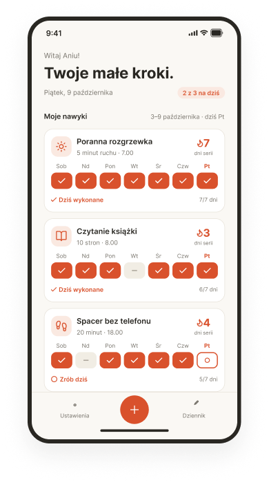 Ekran aplikacji Habi Stepper z listą nawyków na dziś